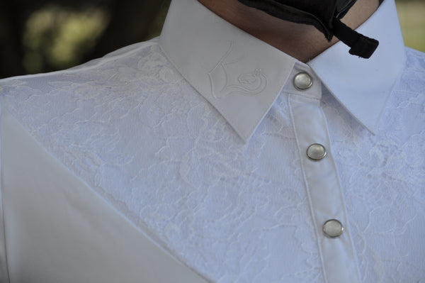 White Lace Competition Shirt close up of lace detail, LKE logo on collar and fastenings