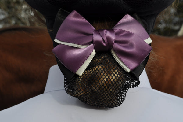 Elegant Bow Hair Net - Black thin hair net with purple and cream sateen bow