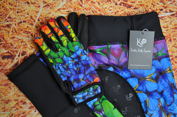 Rainbow Butterfly Riding Tights Paired with Matching Rainbow Butterfly Riding Gloves