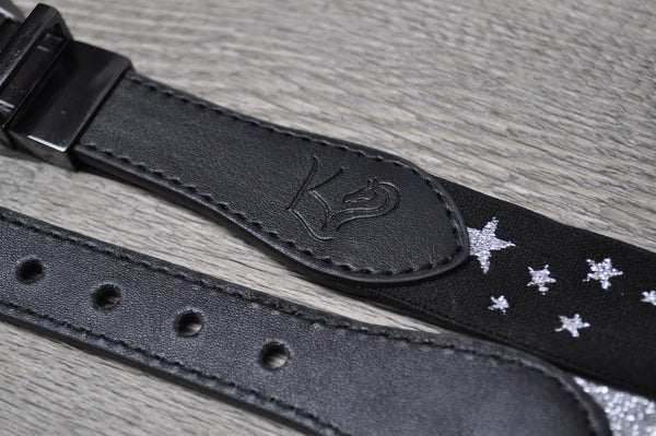 close up of lucky Kids Equine Logo on the Leather Portion of the children's belt
