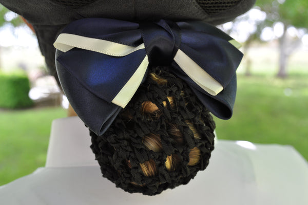 Elegant Bow Hair Net - Black thick hair net with purple and cream sateen bow