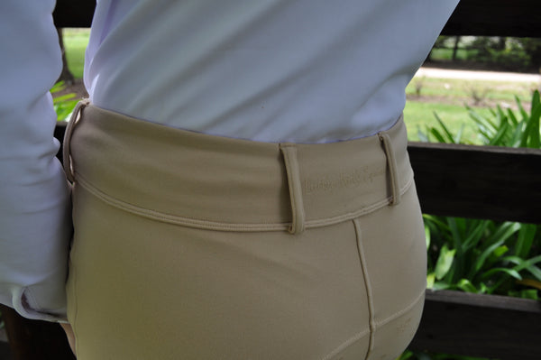 Close up of Lucky Kids Equine Logo on Beige Competition Jotties Waistband
