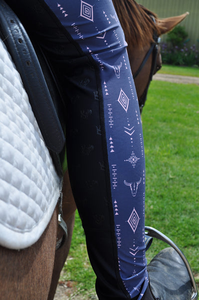 Navy blue and black riding tights with western bull pattern