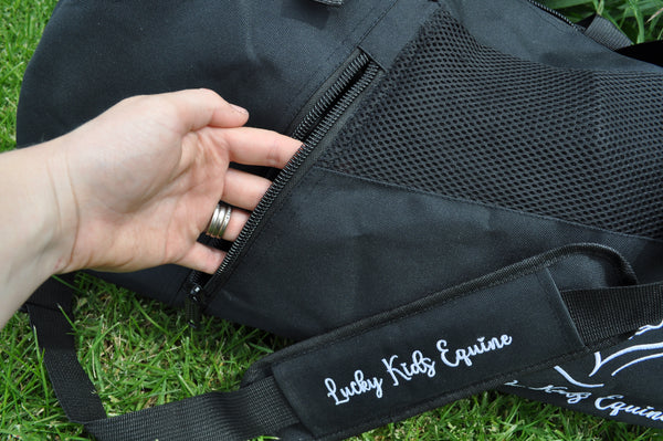 Close up of zippered pocket on black 3-in-1 gear back