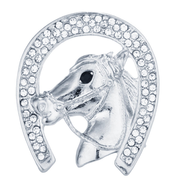 Silver alloy diamante horse and horse show brooch