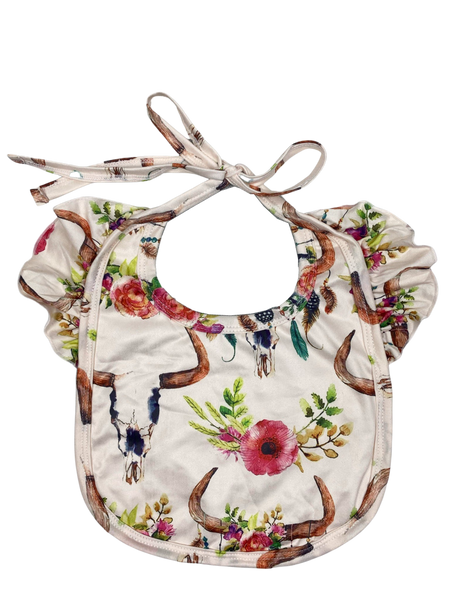 Floral and bull skull frilled baby bib