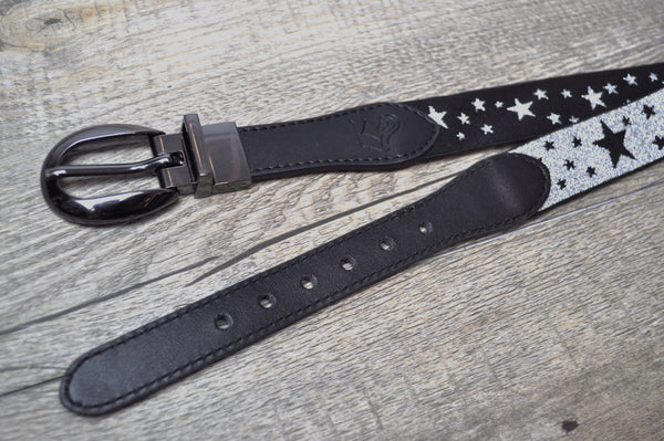 Black and Silver reversible and adjustable adult belt with stars