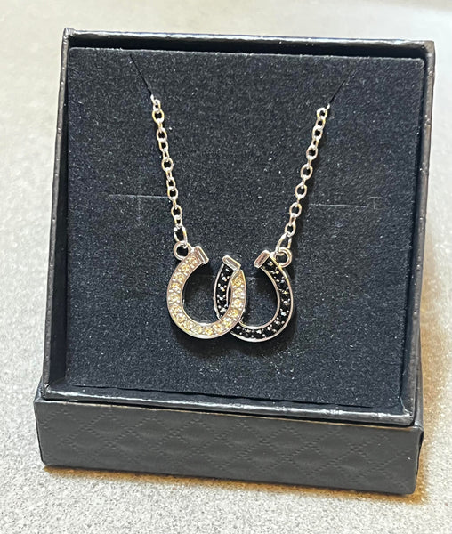 Zinc alloy double horseshoe necklace with white and black rhinestones and gift box