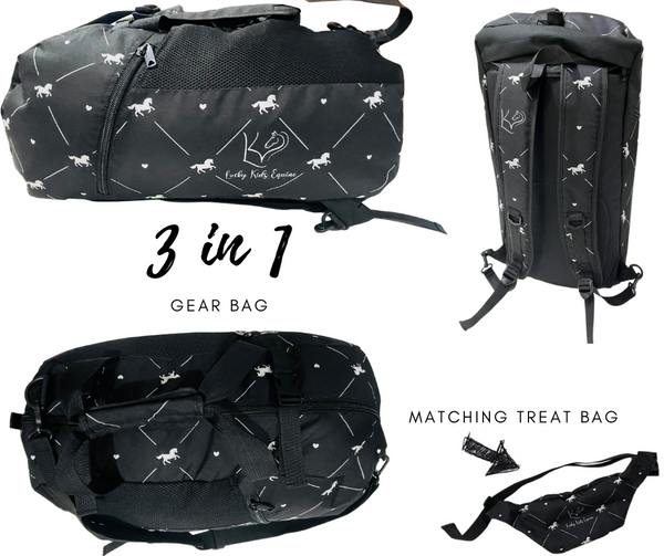 3 in 1 black gear bag with white horse pattern and matching treat bag