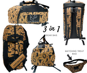 3 in 1 mustard and black gear bag with western horse pattern and matching treat bag