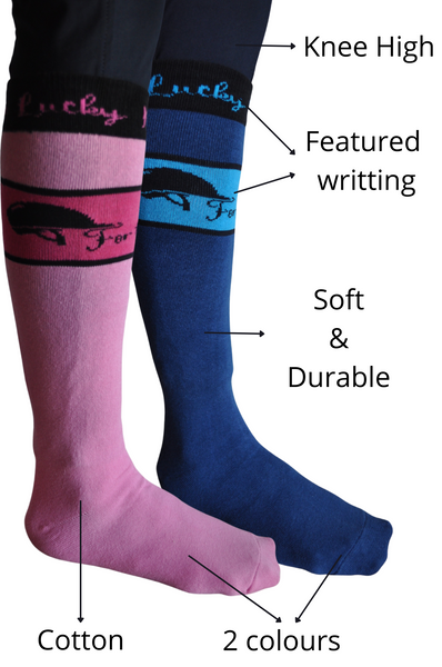 Teen/Adult Cotton Knee High Socks Available in Pink or Blue with Lucky Kids Equine Logo and For The Love of Riding iMage