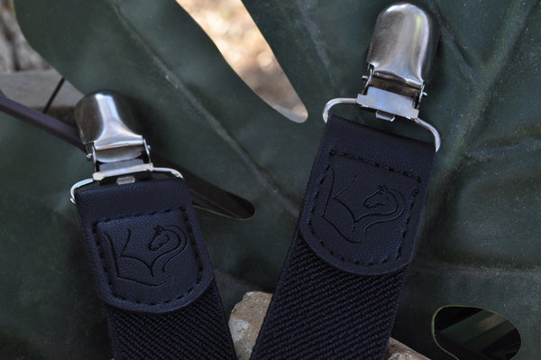 Close up of Black Leather Jodhpur Clips - 2 pack with logo