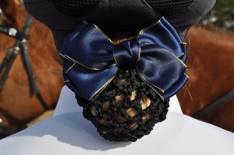 Black hair net with navy blue sateen bow and gold edges