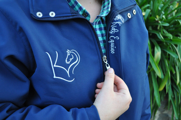 Navy Blue Winter Jacket showing details of logo and zip