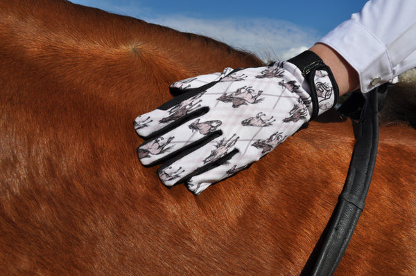 Riding gloves with checkered pattern and horses