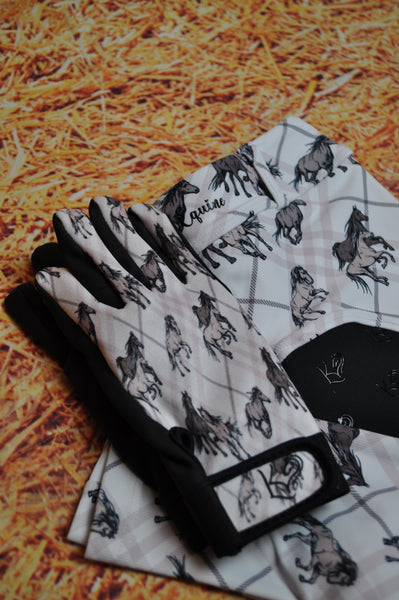 Jotties with checkered and wild horses pattern and matching riding gloves