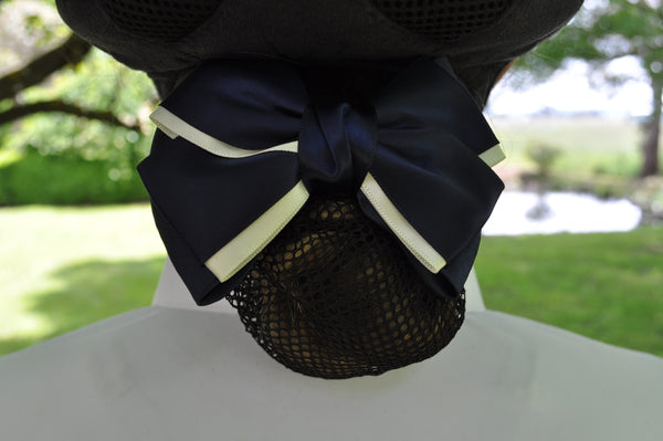 Elegant Bow Hair Net - Black thin hair net with navy blue and cream sateen bow
