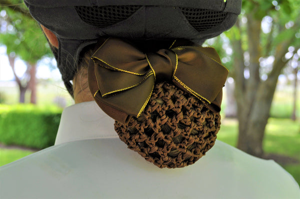 Brown hair net with Brown sateen bow and gold edges
