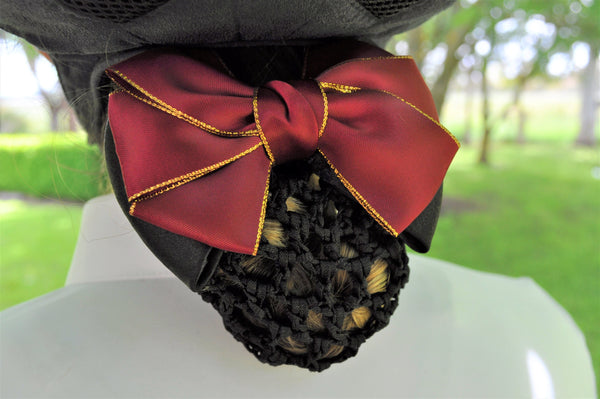 Black hair net with deep red sateen bow with gold edges