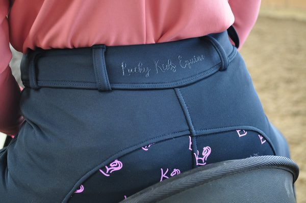 Wintertime Jotties - Purple - close up of lucky kids equine branded waistband