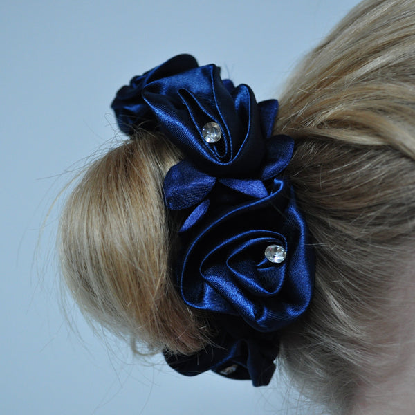 Blue Floral Hair Scrunchie with Diamantes