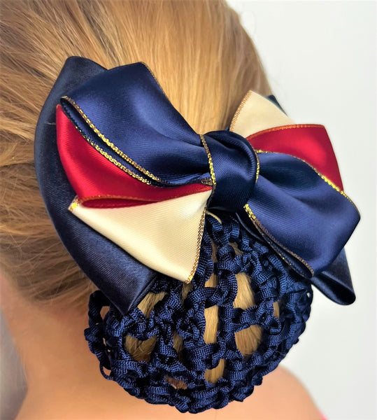 Navy blue hair net with navy blue, red and cream sateen bow with gold edges