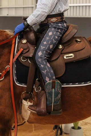 Navy blue and black riding tights with western bull pattern