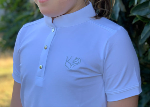 White Everyday Riding Shirt Close up of Lucky Kids Equine Logo